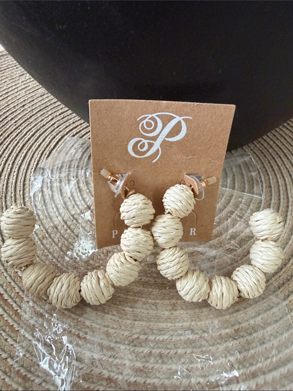 Plunder Cream Wrapped Jute Beads Open Hoop Earrings Pierced Ears